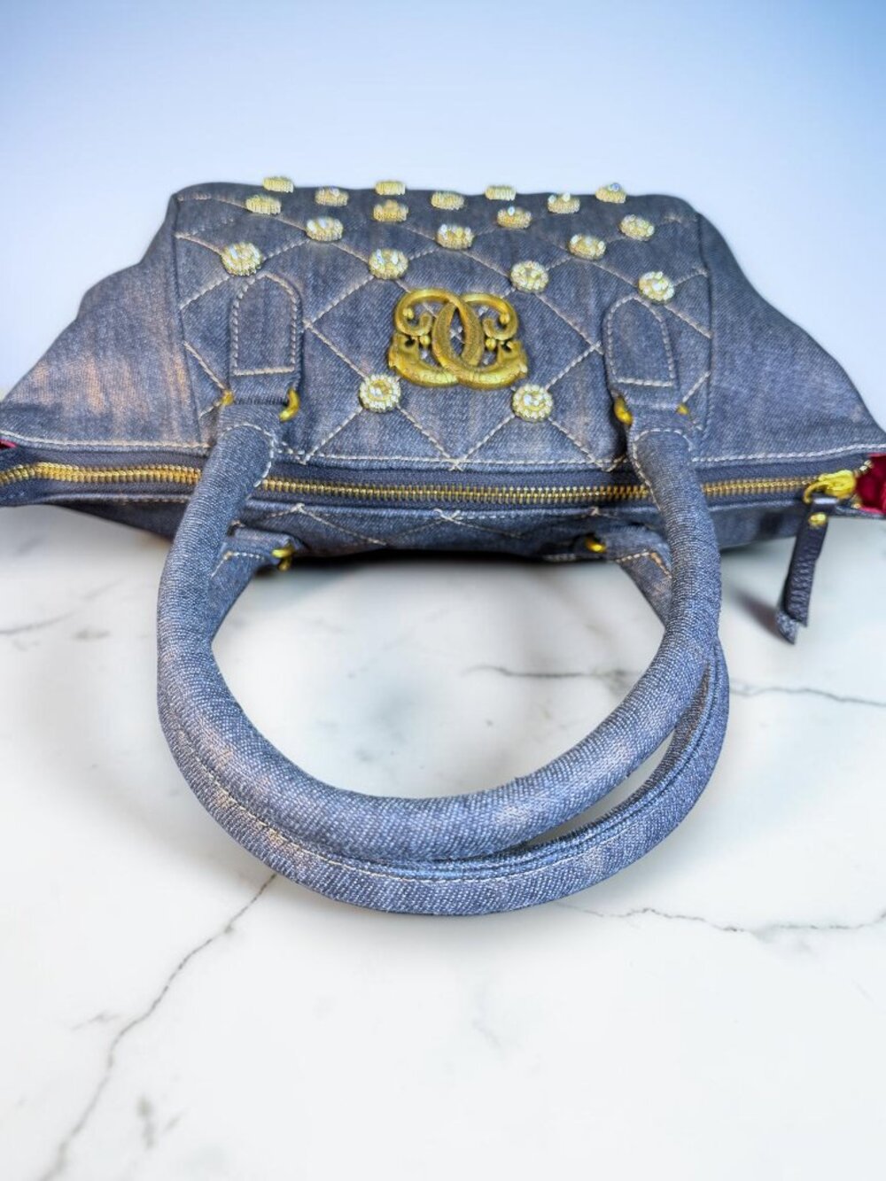Sharif 1827 Legacy Rare Quilted Denim Rhinestone Satchel Crossbody Bag - Picture 11 of 14